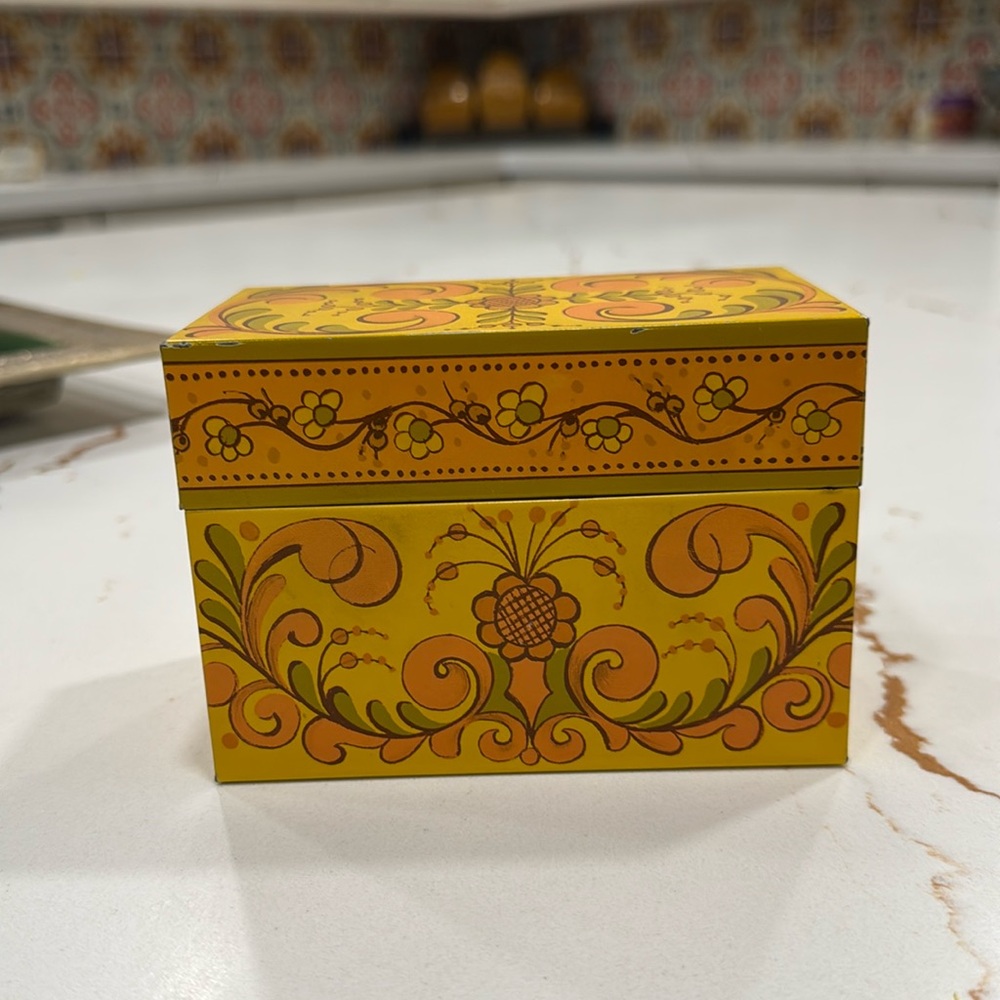 Vintage Floral AVON Recipe Tin Box. Vibrant colors. Great for recipes/trinkets